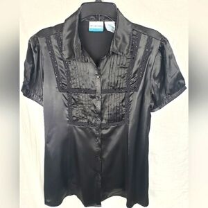 Announcement Maternity Black Satin Button Down Jeweled Short Sleeve Shirt Sz L